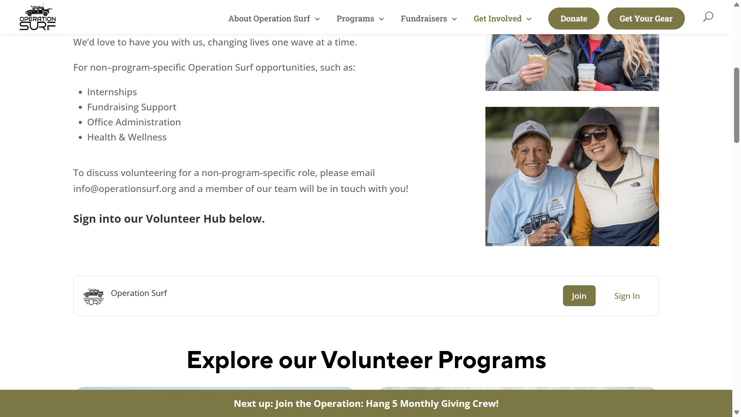 Operation Surf volunteer page with Join and Sign In controls for its public Volunteer Hub