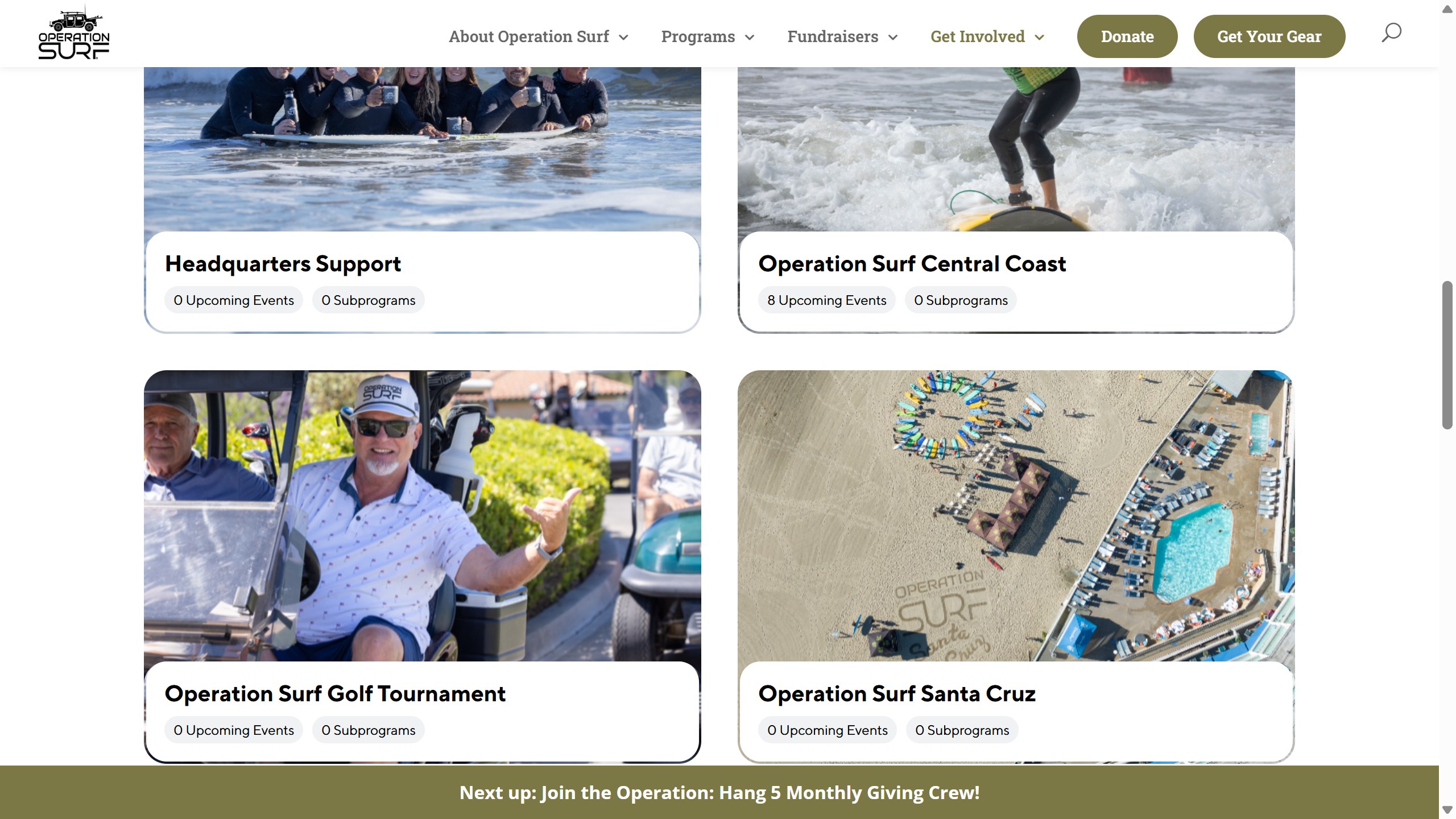 Operation Surf Volunteer Hub showing programs and upcoming event counts