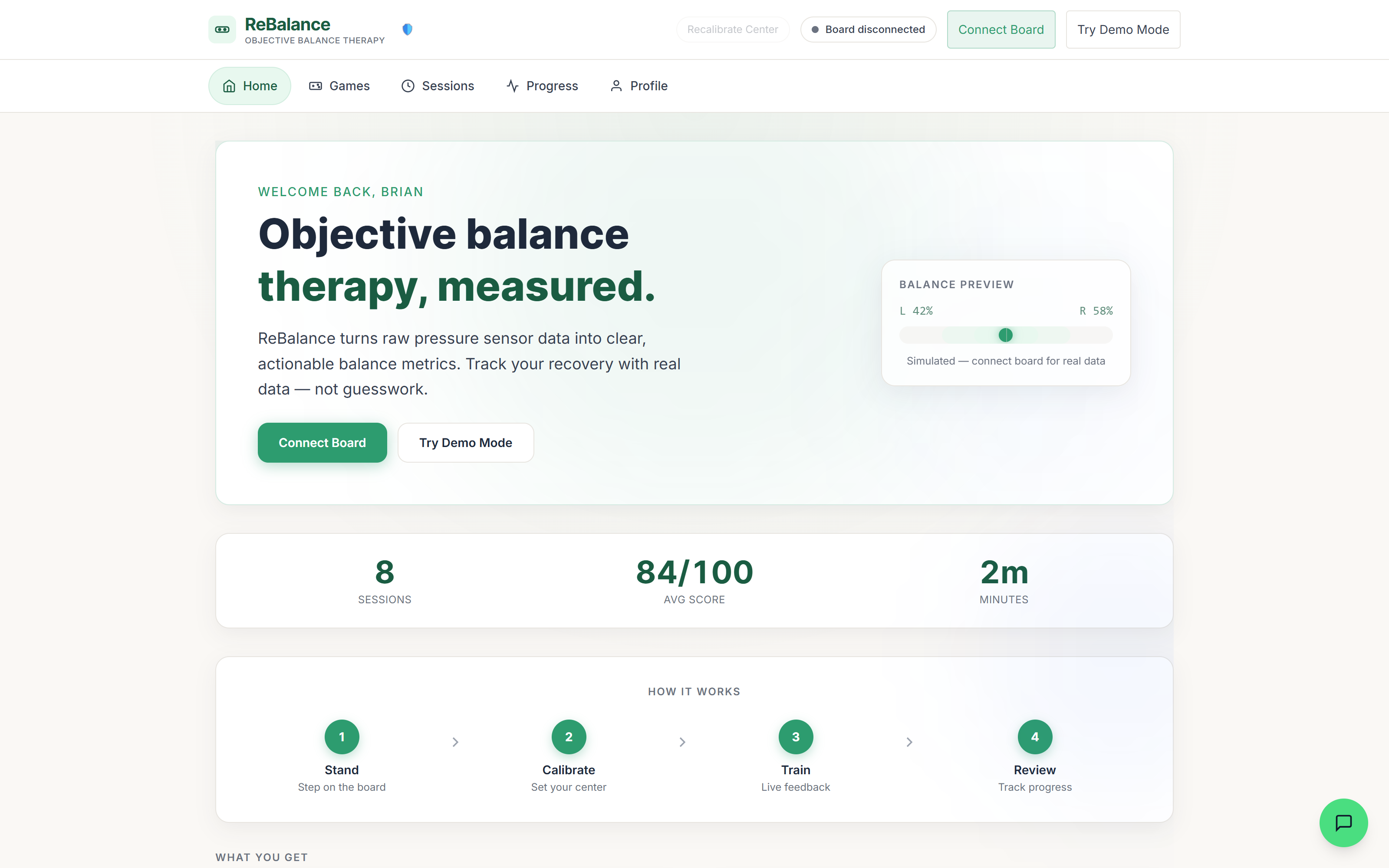 ReBalance landing page and dashboard screenshot