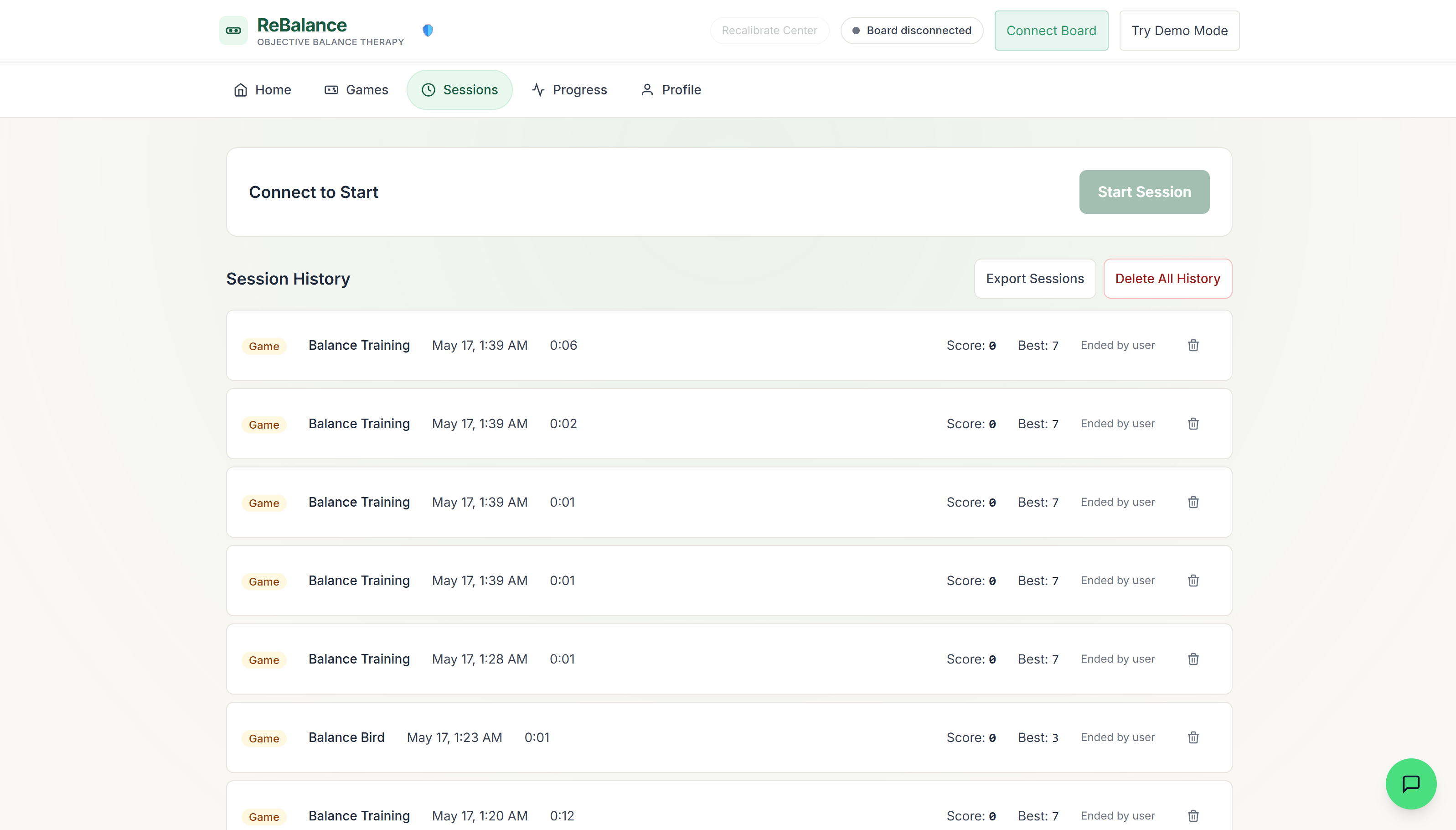 ReBalance session log screen
