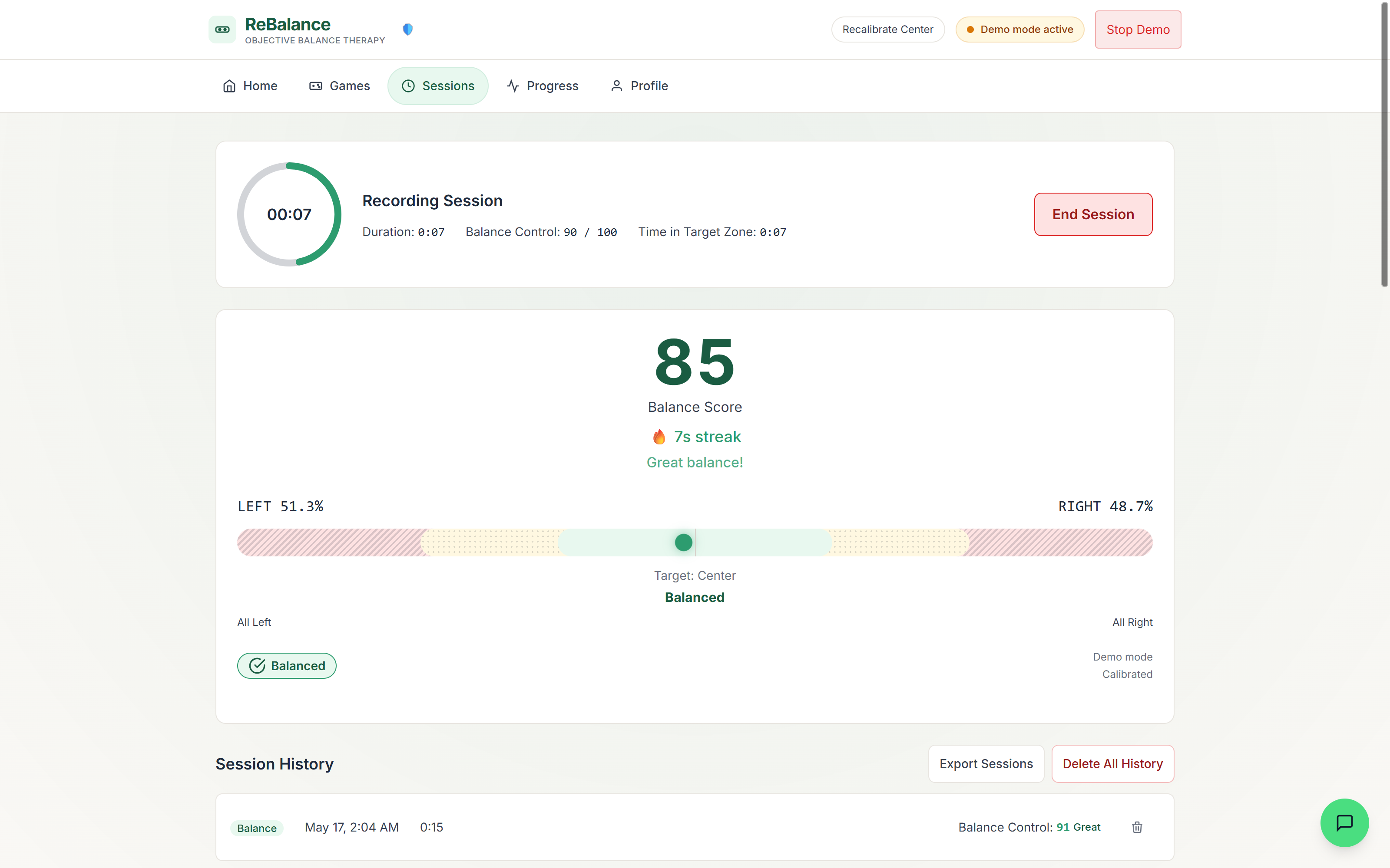 ReBalance session recording screen