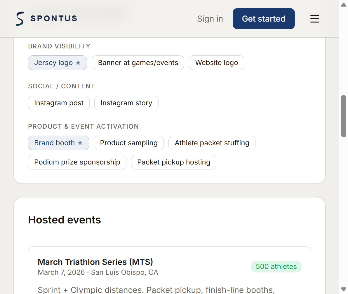 Spontus team profile listing brand visibility, social content, product activation, and hosted-event sponsorship assets