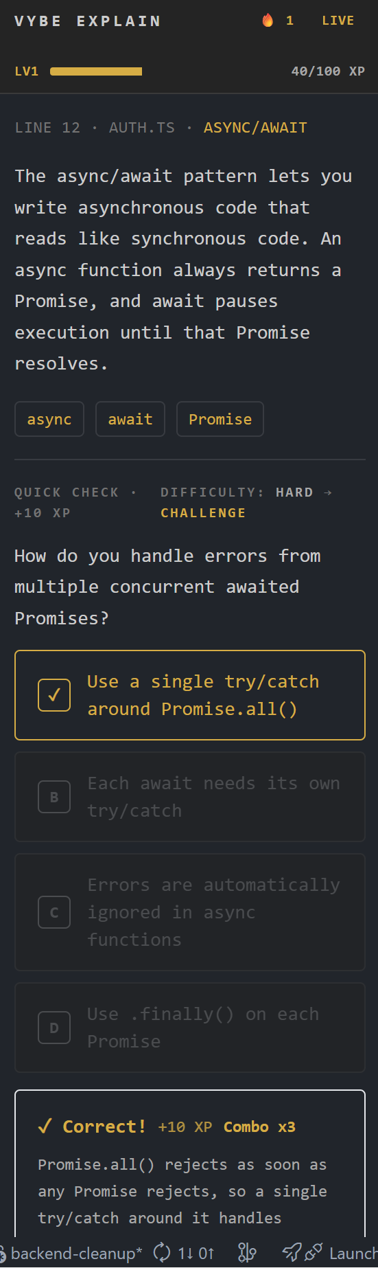 Vybe Tutor sidebar showing correct-answer feedback