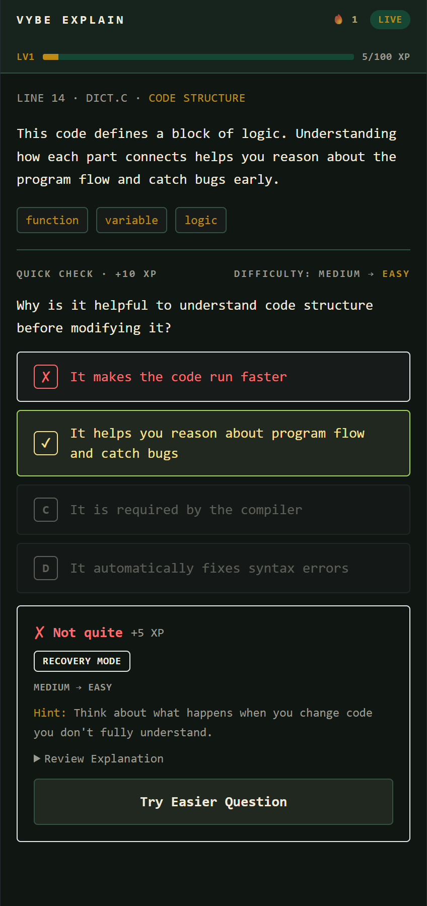 Vybe Tutor sidebar showing wrong-answer recovery feedback