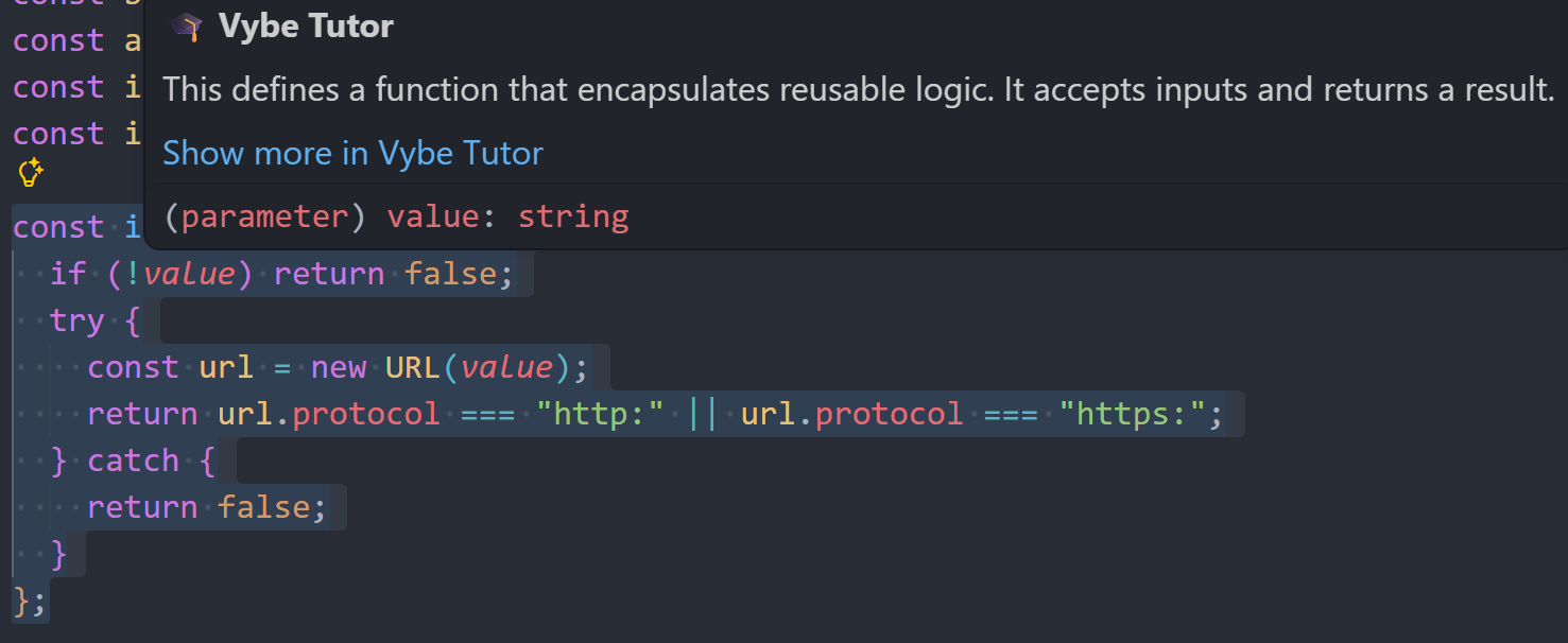 Vybe Tutor hover context inside VS Code